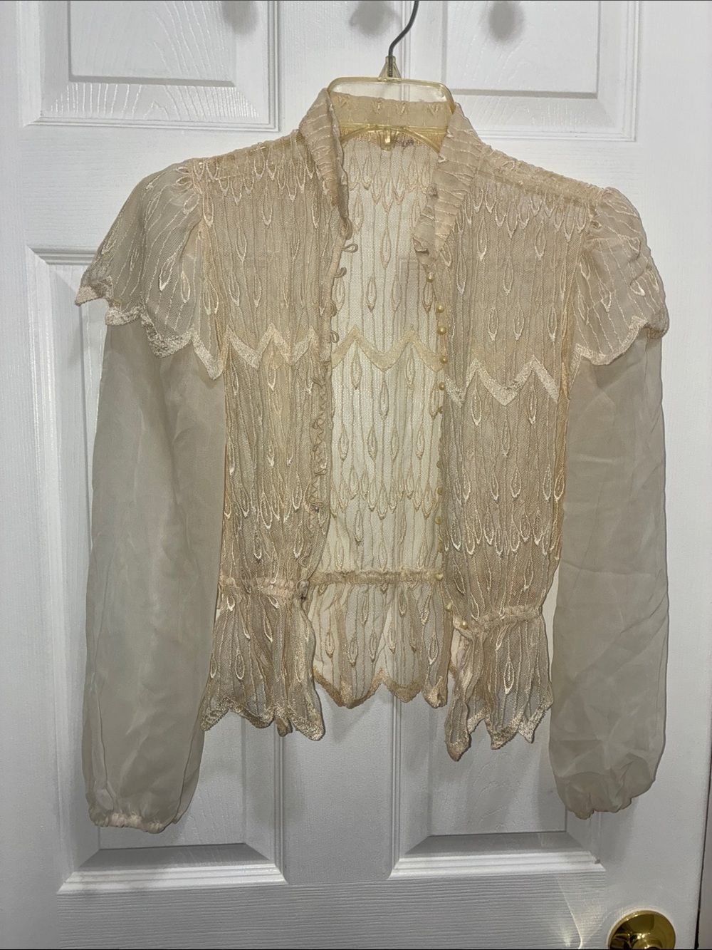 VINTAGE Sheer Lace-Trim Cream Women's Blouse SZ 6 BIRDE BRIDAL WEDDING
